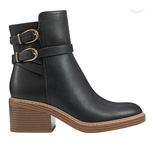 Marc Fisher Ankle Booties Size 5.5 Black Leather Block Heel Buckle Detail NEW - Picture 1 of 10